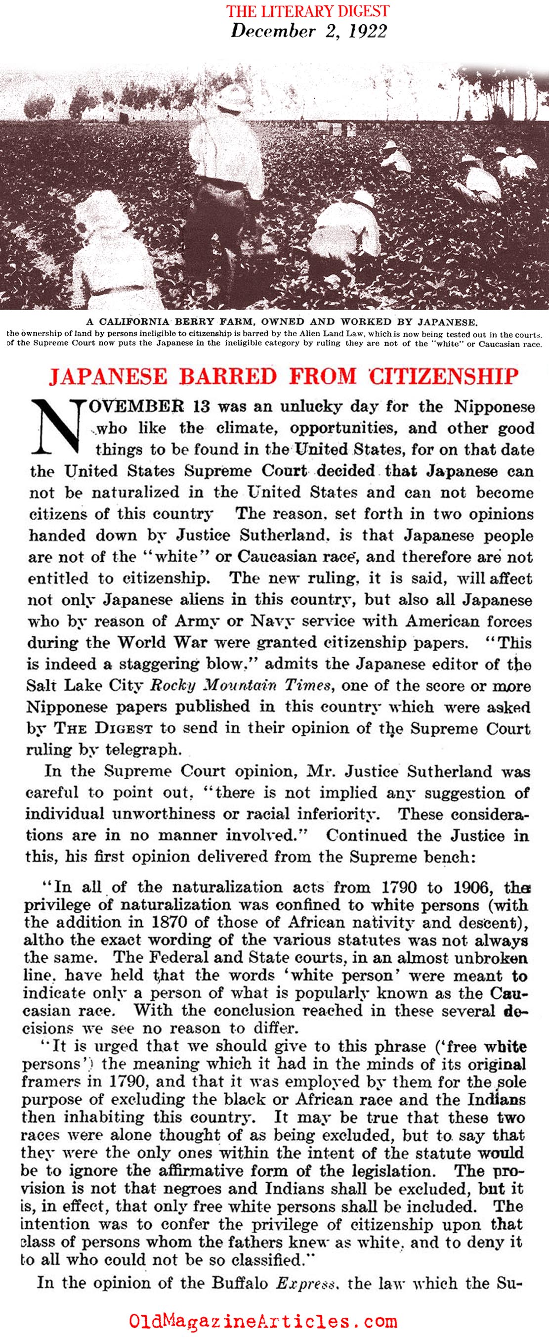 No Citizenship for Japanese Immigrants (Literary Digest, 1922)